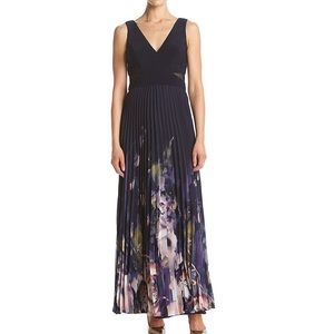 XScape Navy Pleated Chiffon Gown